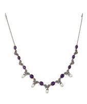 Amethyst, diamond and pearl necklace