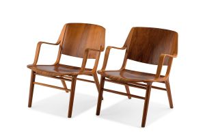 A Pair of Peter Hvidt and Orla Mølgaard-Nielsen beech plywood and mahogany AX Chairs, model 6020, designed in 1947, manufactured by Fritz Hansen, Denmark, 1960s