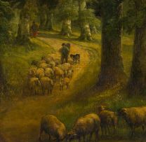 British School, 19th Century; Landscape with Shepherd and Sheep
