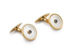 Pair of Swedish gold, mother-of-pearl and sapphire cuff-links, 1936