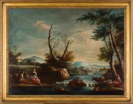 In the Manner of Francesco Zuccarelli; Pastoral Landscape with Distant Spire