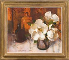 Irmin Henkel; Still Life with Magnolias, Bottles and Wine Glasses