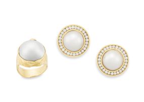 Pair of mabé pearl and diamond earrings