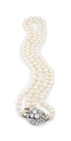 Double-strand pearl and diamond necklace