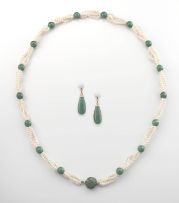Five-strand cultured pearl and aventurine quartz bead necklace