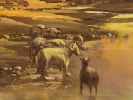 Gabriel de Jongh; Dawn Landscape with River and Sheep