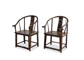A pair of Chinese hardwood horseshoe shaped armchairs, 19th century
