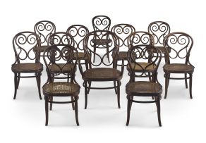 An assembled set of twelve No 4 Café Daum bentwood fruitwood Secessionist dining chairs, including an armchair, manufactured by Joseph Thonet, late 19th century
