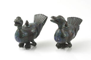 A pair of Chinese cloisonné duck censors, 19th/20th century