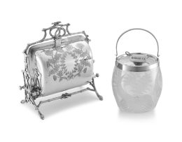 An Edwardian engraved glass and electroplate-mounted biscuit barrel