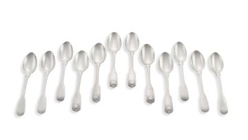 A set of six Victorian silver 'Fiddle, Thread and Shell' pattern teaspoons, Chawner & Co (George William Adams), London, 1857