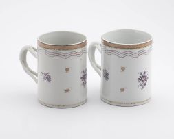 A pair of Chinese Export purple-glazed and gilded tankards, Qianlong period, 1736-1795