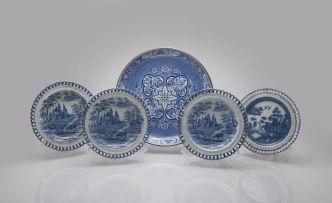 A set of four Staffordshire blue and white transfer printed creamware plates, 19th century