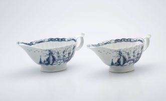 A pair of Worcester blue and white 'Plantation Print' sauceboats, 1755 - 1790