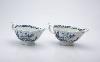 A pair of Worcester blue and white 'Plantation Print' sauceboats, 1755 - 1790