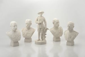 Four white-glazed parian busts of British Boer War generals, WC Lawton Scul PT, Robinson & Leadbeater Ltd, 1899 & 1900