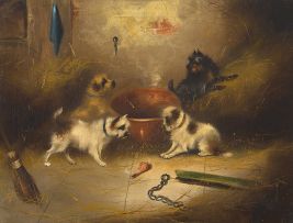 English School 19th Century; Four Dogs with a Bone; Three Dogs with a Caged Rat, two