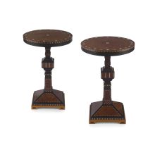 A pair of burrwood, rosewood, satinwood and inlaid ebonised side tables, retailed by BANGKOK FURNISHING COMPANY, PENANG, 20th century