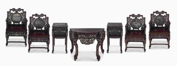 A Chinese Export hardwood, dream stone and mother-of-pearl inlaid suite, 20th century