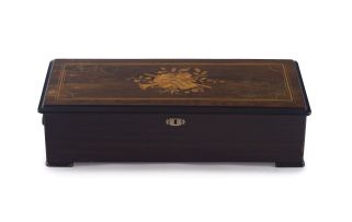 A Swiss Quality Excelsior simulated rosewood, marquetry, ebonised and inlaid eight-air cylinder music box, late 19th century