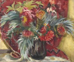 Maud Sumner; Still Life with Proteas and Silvertree Leaves in a Vase