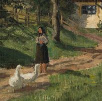 Kitty Lange Kielland; Farm Road with Flock of Geese