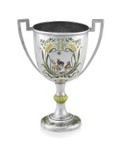 A Chinese Export silver and enamelled two-handled trophy cup, early 20th century