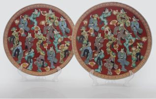 A pair of Japanese enamelled blue and white plates, late Meiji period, 1868-1912