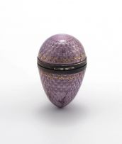 A mauve guilloche enamel and gilt-metal-mounted vinaigrette in the form of an egg, 19th century