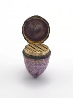 A mauve guilloche enamel and gilt-metal-mounted vinaigrette in the form of an egg, 19th century