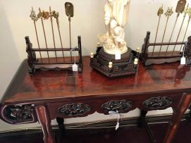 A pair of Chinese Export hardwood and burlwood side tables