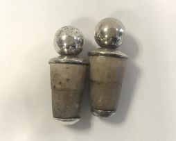 A pair of George V silver-mounted glass toddy measures and labels, Levi & Salaman, Birmingham, 1910