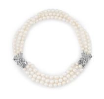 Three-strand cultured pearl and diamond necklace