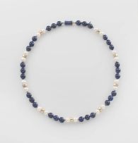 Cultured pearl, lapis lazuli bead and gold necklace