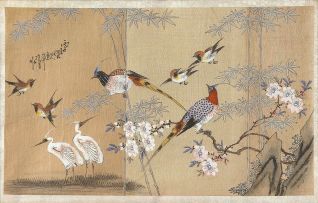 A pair of Chinese ink and colour on silk paintings, Qing Dynasty, 19th century
