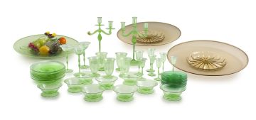 A suite of green glass drinking glasses, 20th century