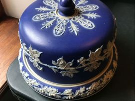 A Staffordshire blue jasperware cheese dish and cover, late 19th century