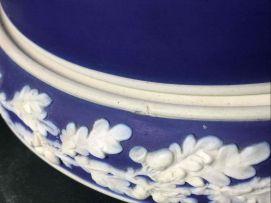 A Staffordshire blue jasperware cheese dish and cover, late 19th century