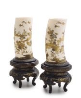 A pair of Japanese Shibayama-style inlaid and lacquer ivory tusk vases, Meiji period, 1868-1912