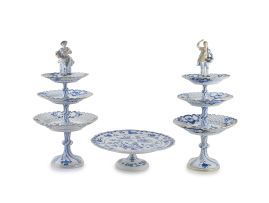 A pair of Meissen 'Onion' pattern blue and white three-tiered cake stands, early 20th century