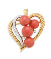 Coral and diamond heart-shaped pendant/brooch