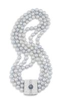 Three-strand pearl and diamond necklace