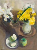 Louis van Heerden; Still Life with Irises, Daffodils and Apples