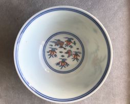 A fine Chinese doucai 'lotus pond and ducks' bowl, Jiaqing six-character seal mark and period, 1796-1820