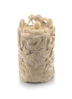 A Japanese carved ivory tusk and cover, Meiji period, 1868-1912