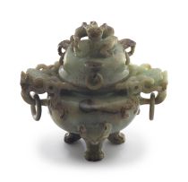 A Chinese mottled celadon jade censor and cover, Qing Dynasty, 19th century
