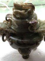 A Chinese mottled celadon jade censor and cover, Qing Dynasty, 19th century