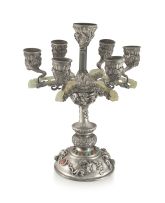 A Mongolian style engraved silver and jade-mounted seven-light candelabra, early 20th century