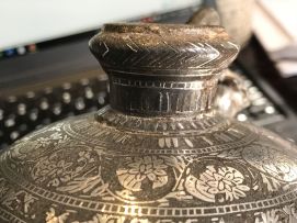 An Indian Bidri ware silver and brass inlaid huqqa base, Bidar, circa 1800