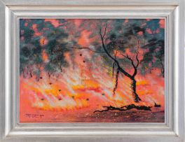 John Koenakeefe Mohl; Bushveld Fire with Blackbirds Consuming Insects, W. Tvl